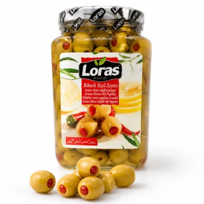 زیتون سبز با مغز فلفل Loras Biberli Yesil Zeytin وزن 900 گرم